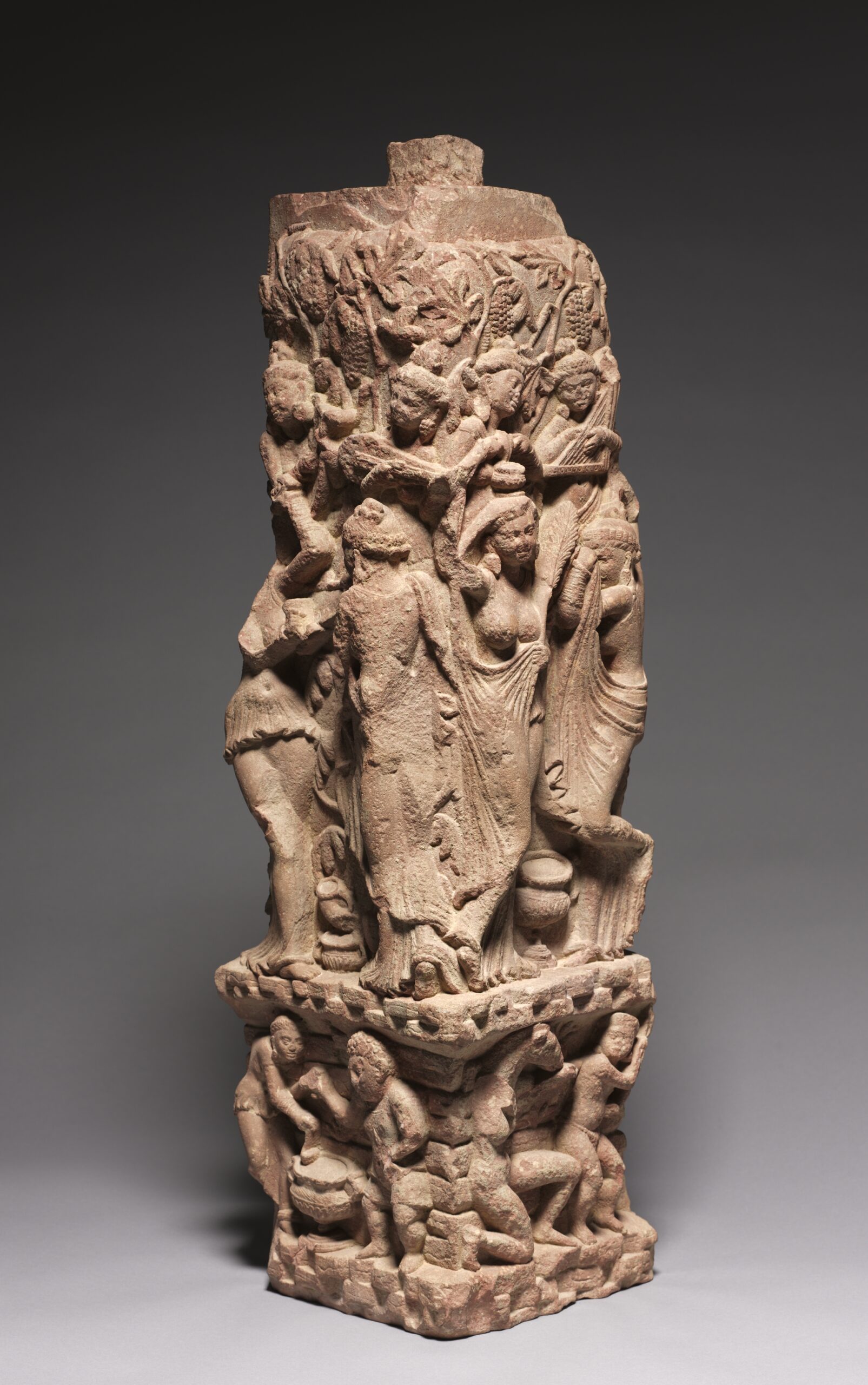 Corner Railing Pillar with Drinking Scenes, Yakshis, and Musicians, mathura, 100s CE
