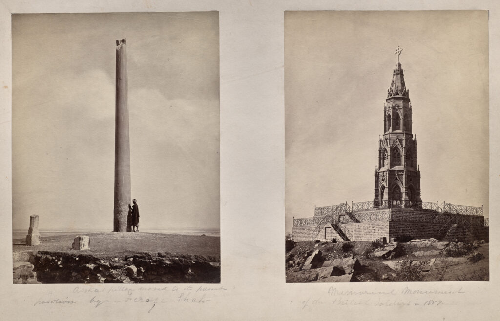 Left: [Ashoka Pillar moved to its present position by Feroz Shah]. Right: Memorial Monument of the British Soldiers in 1859