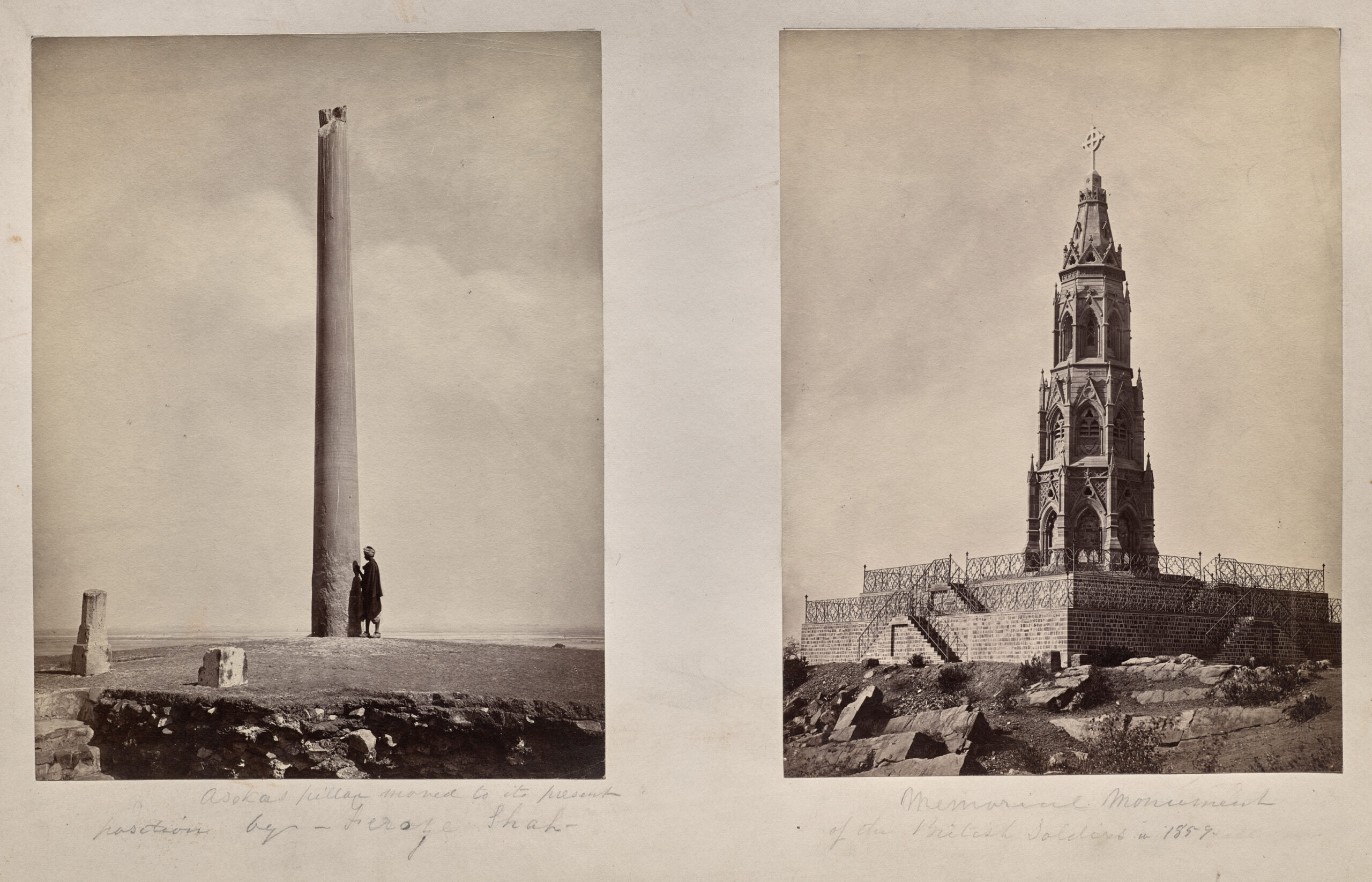 Left: [Ashoka Pillar moved to its present position by Feroz Shah]. Right: Memorial Monument of the British Soldiers in 1859, mauryan, 1870s-1880s (?)