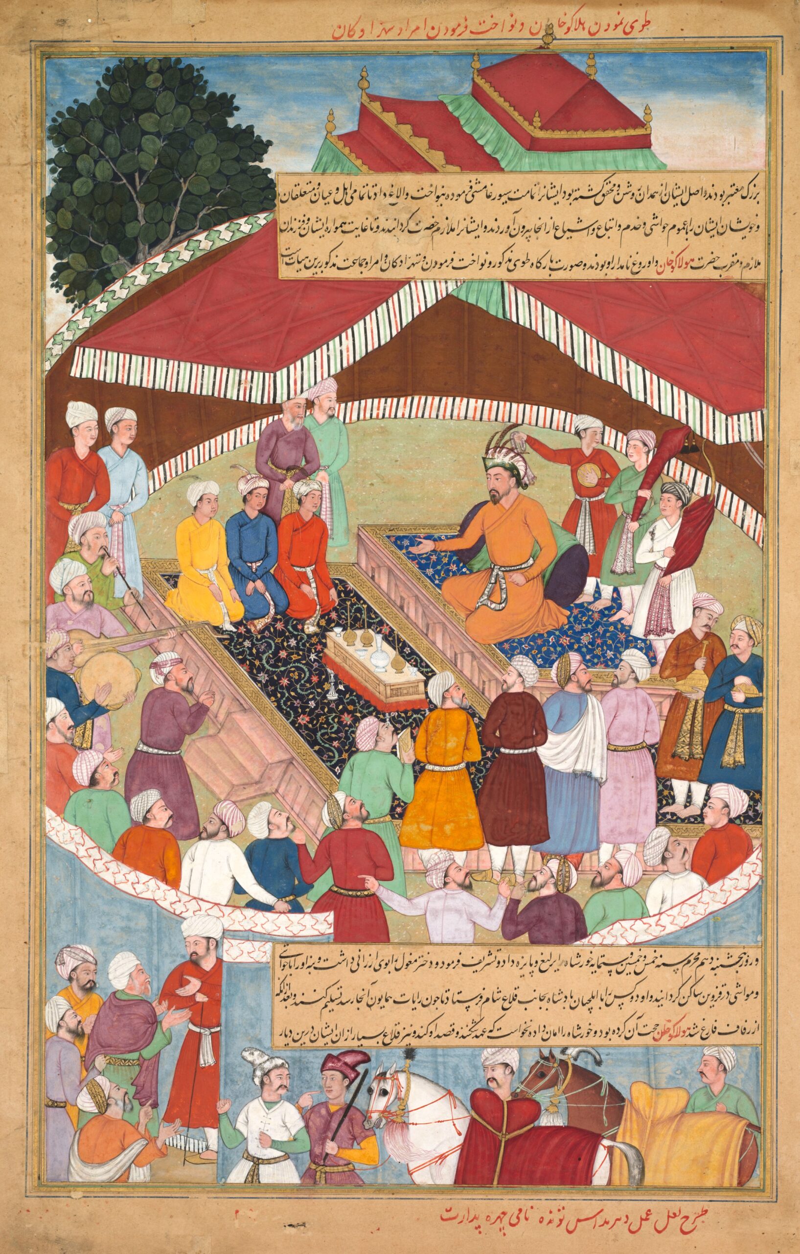 Hulagu Khan giving a feast and dispensing favor upon the amirs and princes, from a Chingiz-nama (Book of Chingiz Khan) of the Jami al-tavarikh (Compendium of Chronicles), mughal, c. 1596–1600