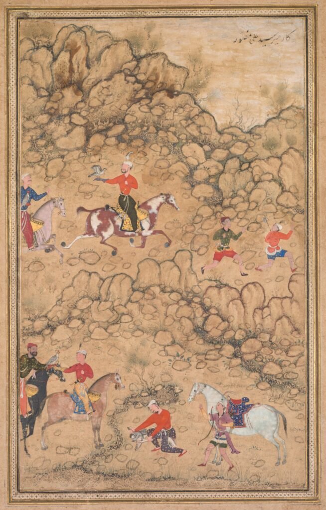 Hunting with falcons in a landscape (recto)