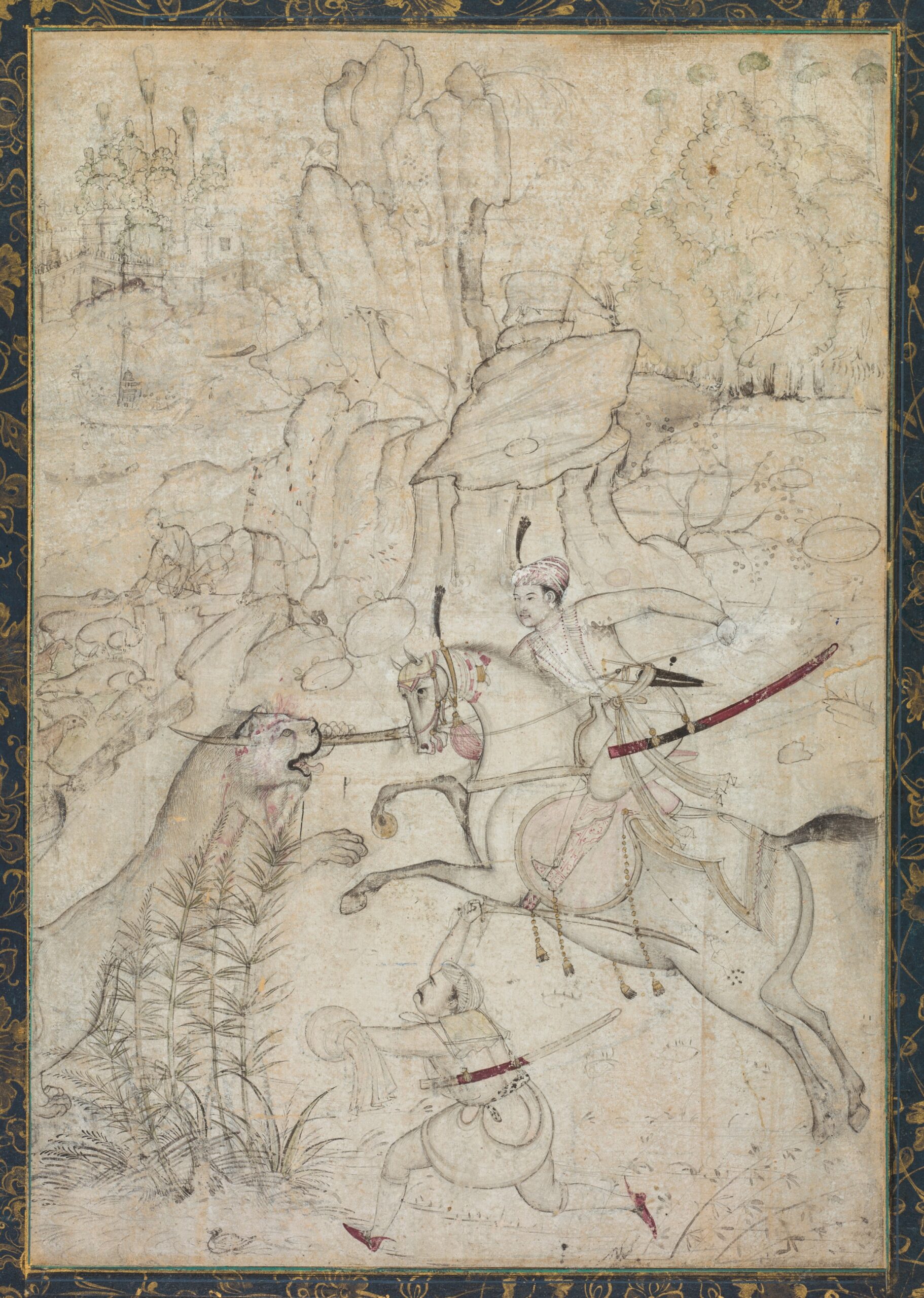 A Mounted Prince Hunting Lion in a Rocky Landscape, mughal, c. 1600