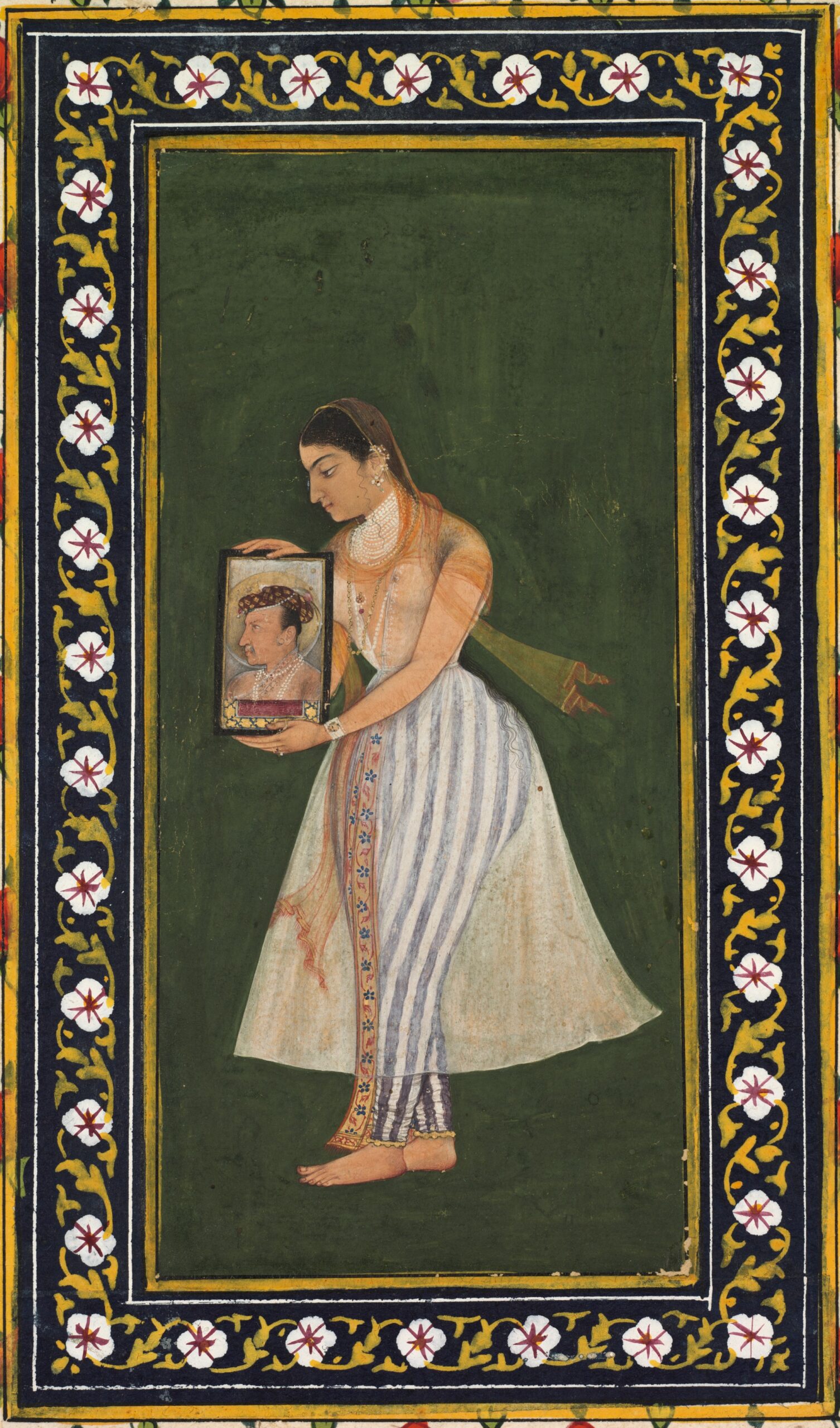 Nur Jahan holding a portrait of Emperor Jahangir, mughal, c. 1627