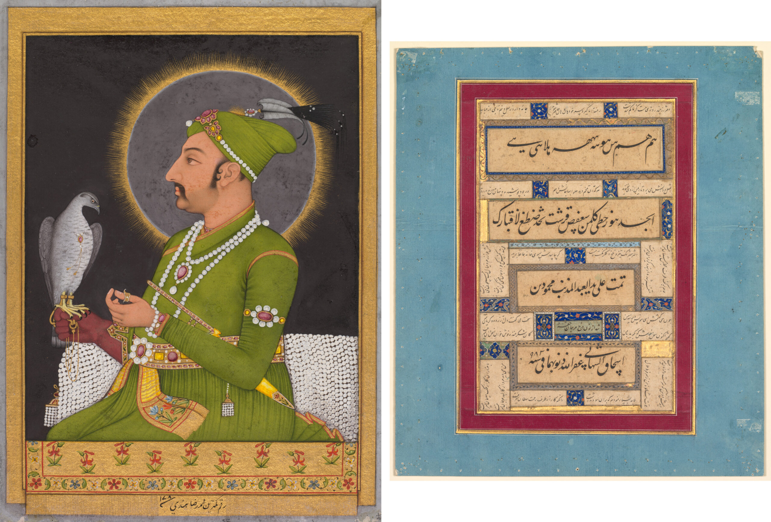 Posthumous portrait of the Mughal emperor Muhammad Shah (reigned 1719–1748) holding a falcon (recto); Calligraphy (verso), mughal, 1764