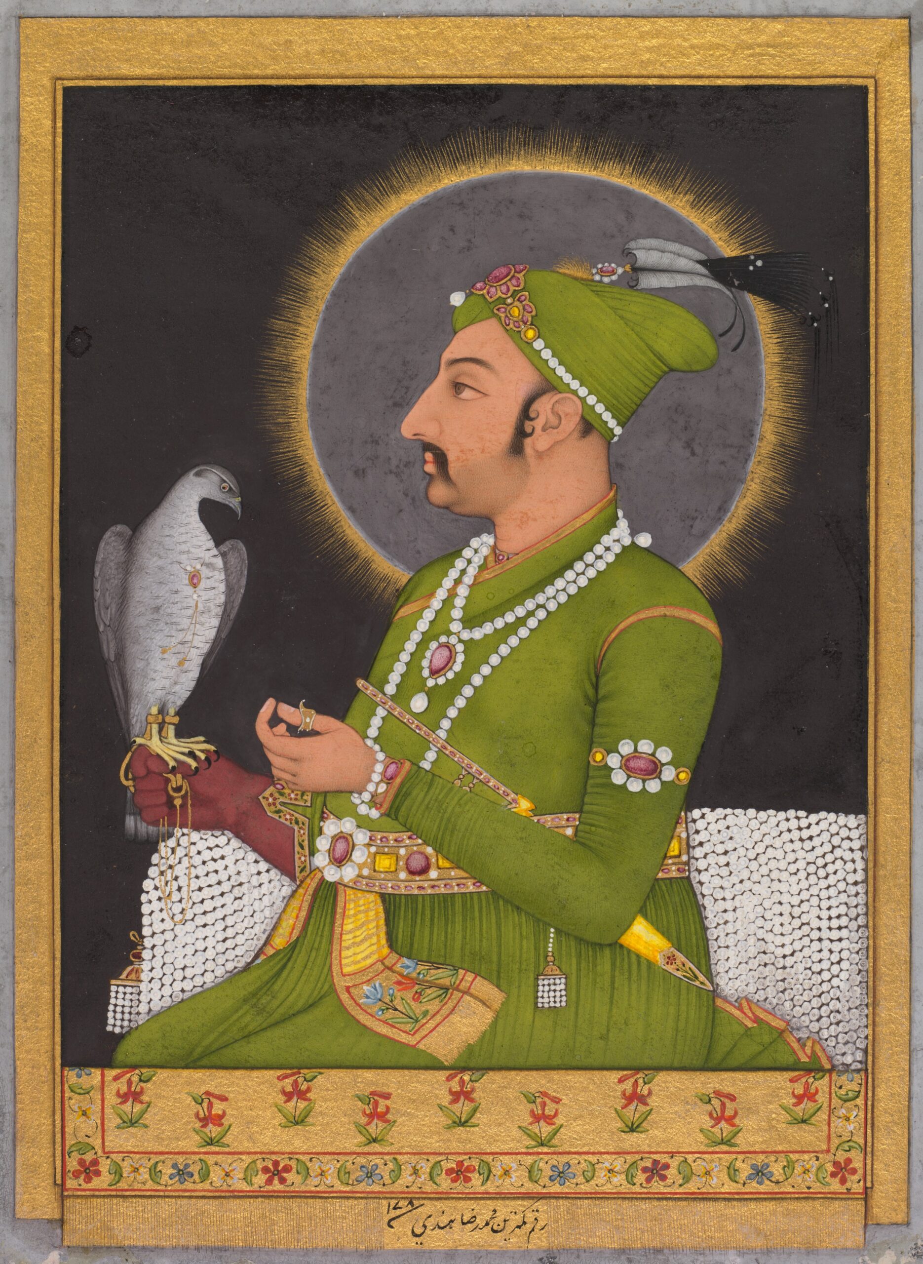 Posthumous portrait of the Mughal emperor Muhammad Shah (reigned 1719–1748) holding a falcon (recto), mughal, 1764