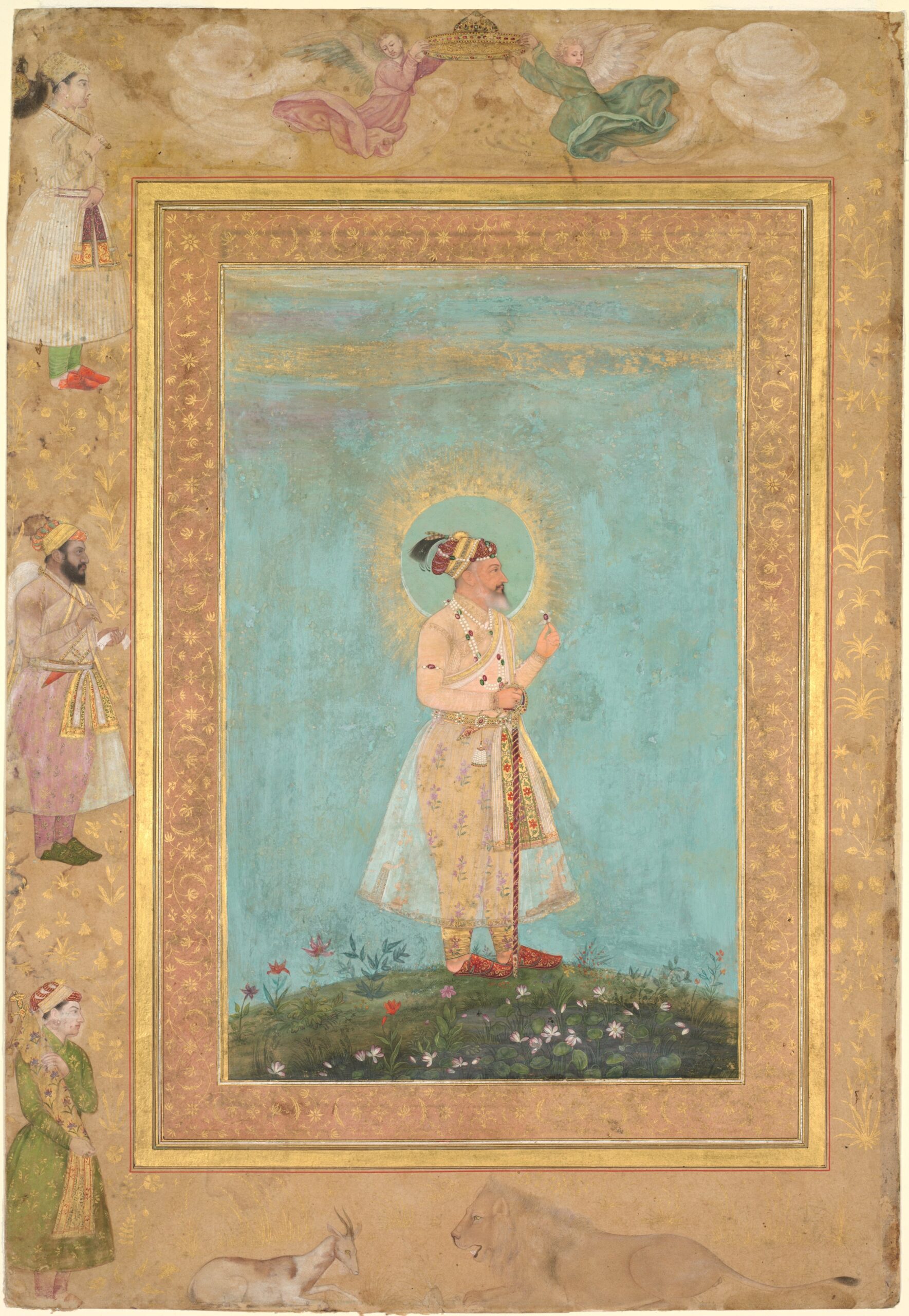 Shah Jahan holding a spinel and a long Deccan sword, from the Late Shah Jahan Album, mughal, c. 1650