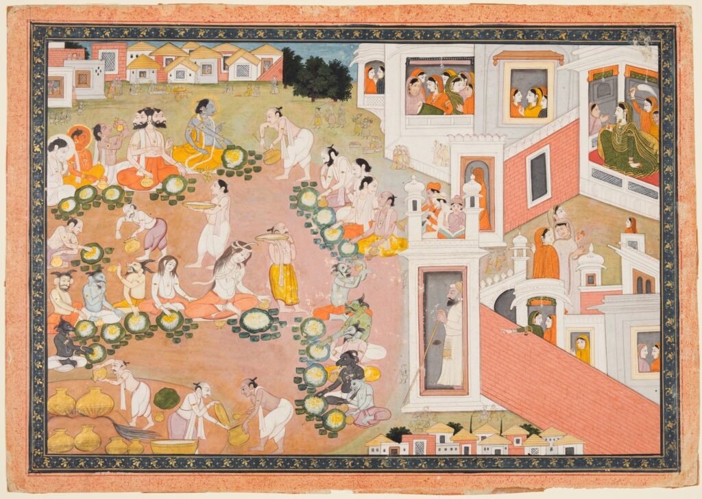 Feast where Vishnu decides he will incarnate as King Dasharatha’s sons, from Chapters 14–15 of the “Bala Kanda” (Book of Childhood) of a Ramayana (Rama’s Journey)