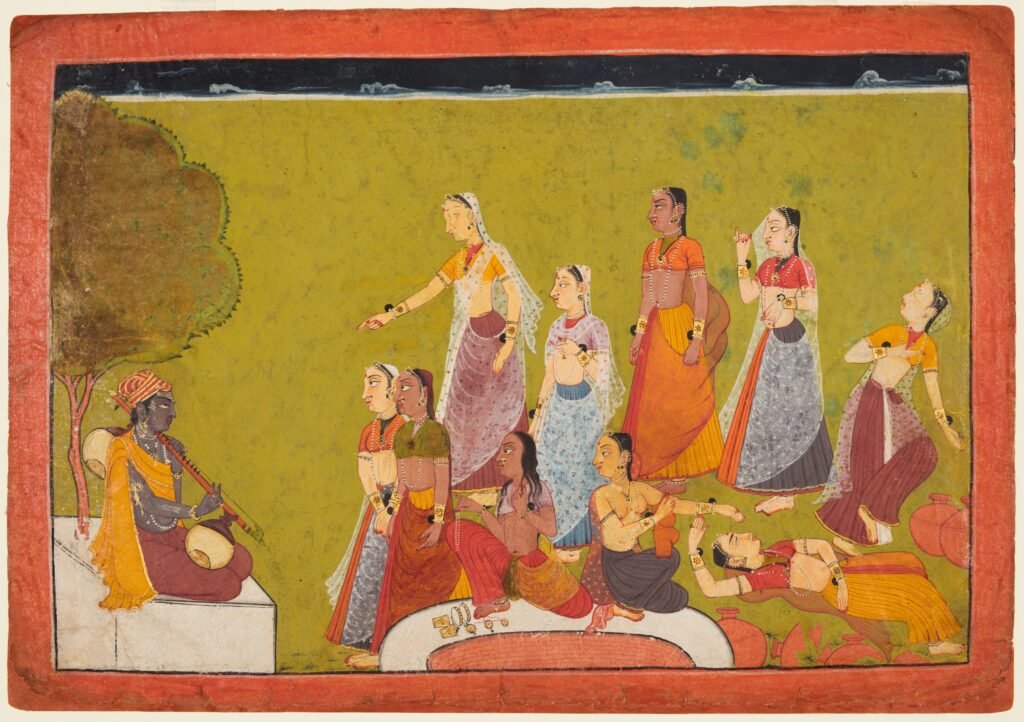 A group of women in ecstasy before Madhava, folio 4 from a Madhavanala-Kamakandala