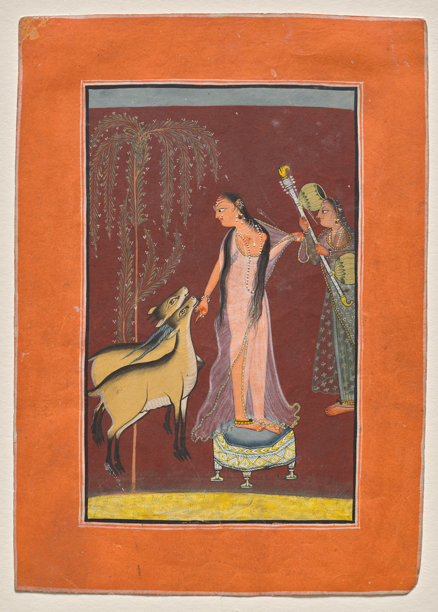 Heroine with attendant and a pair of deer, pahari, c. 1710–20