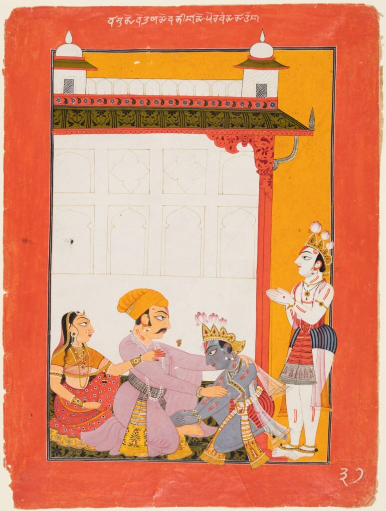 Krishna and Balarama touching the feet of Vasudeva and Devaki, from the “Vertical” Bhagavata Purana