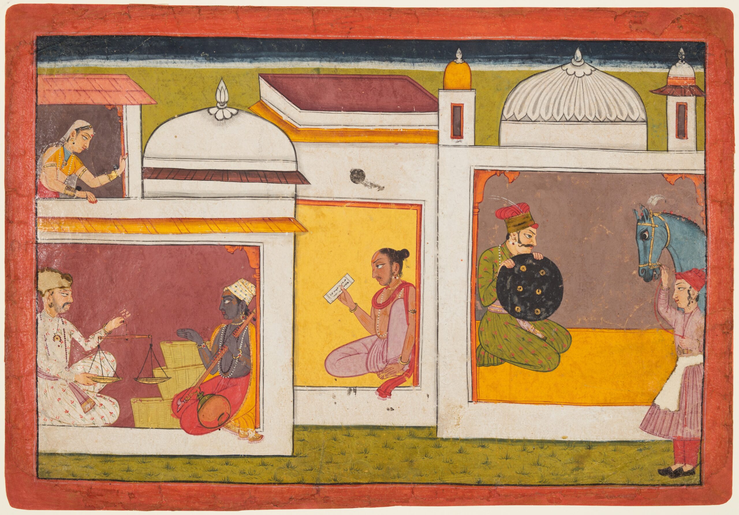 Madhava faces a man holding a scale, folio 1 from a Madhavanala-Kamakandala, pahari, c. 1720