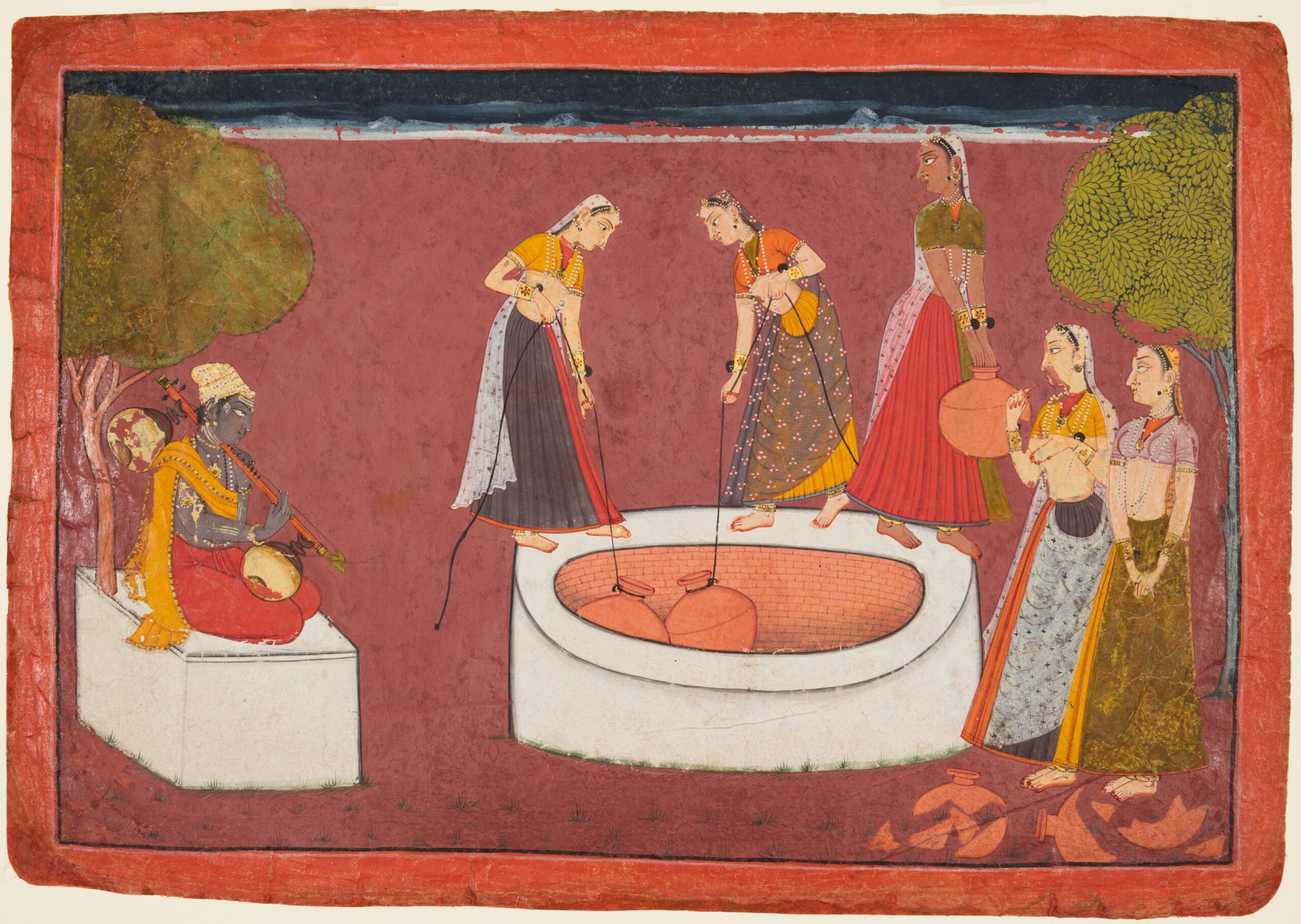Madhava plays his vina before five women drawing water from a well, folio 3 from a Madhavanala-Kamakandala, pahari, c. 1720