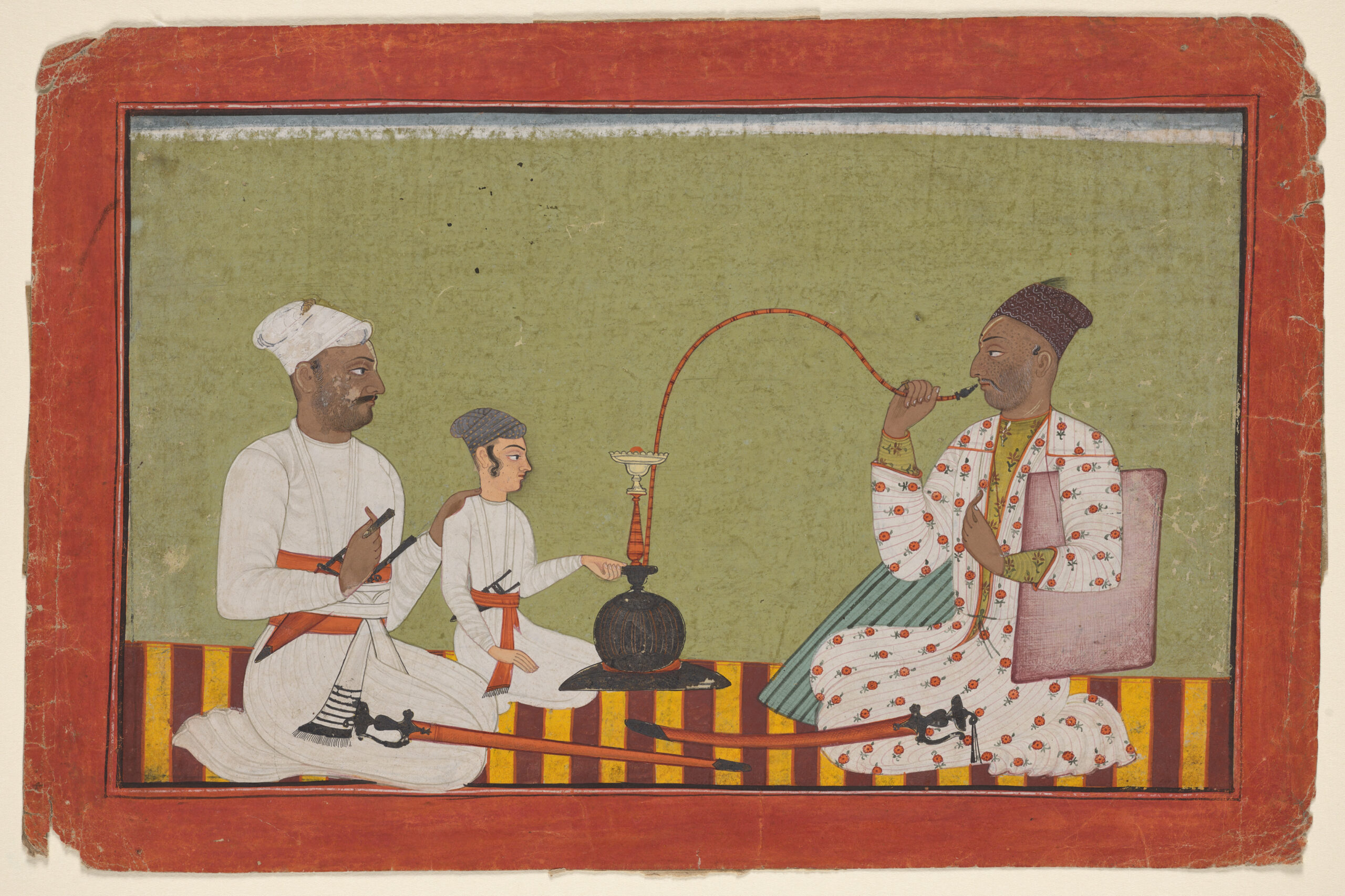Posthumous portrait of Raja Chhatar Singh of Chamba smoking a hookah with his brother and son, pahari, c. 1700
