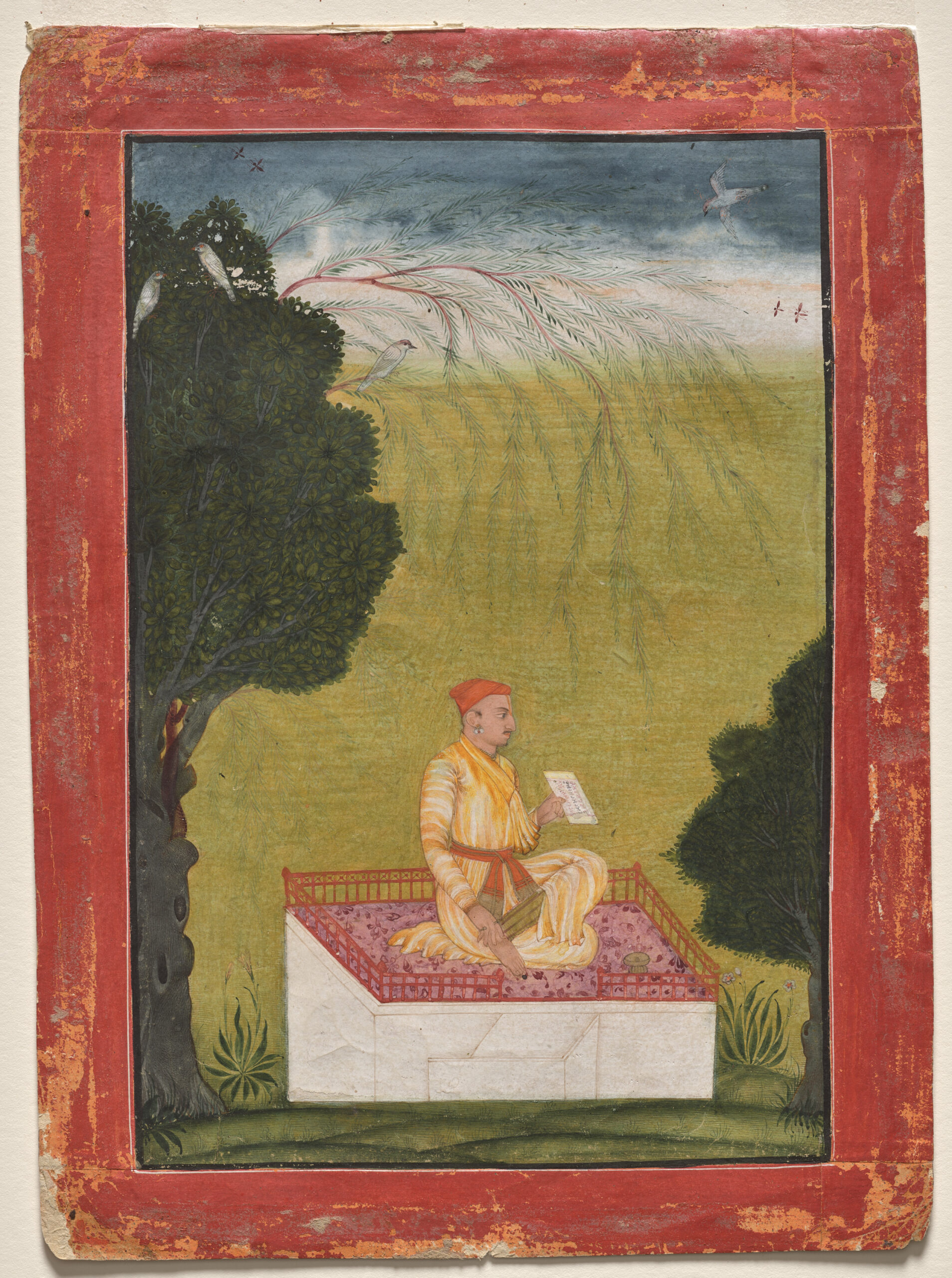 Raja Dilip Singh of Guler on a dais, pahari, c. 1707