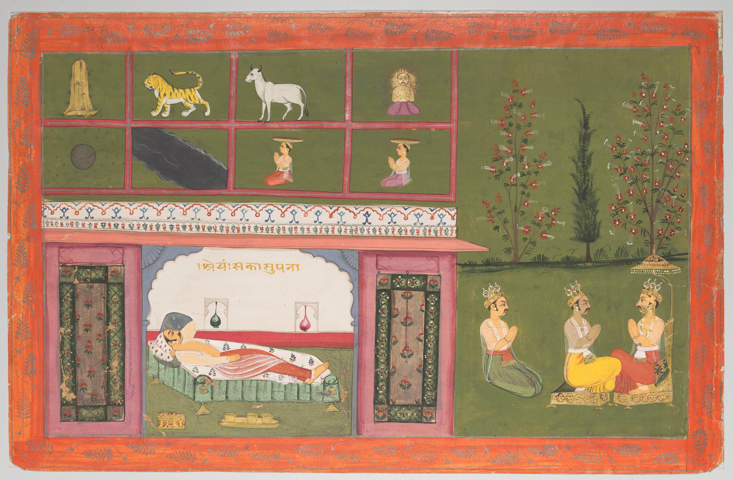 Prince Shreyamsa dreams of the coming of Rishabha, from a Panchakalyanaka (Five Auspicious Events), rajput, 1670–80
