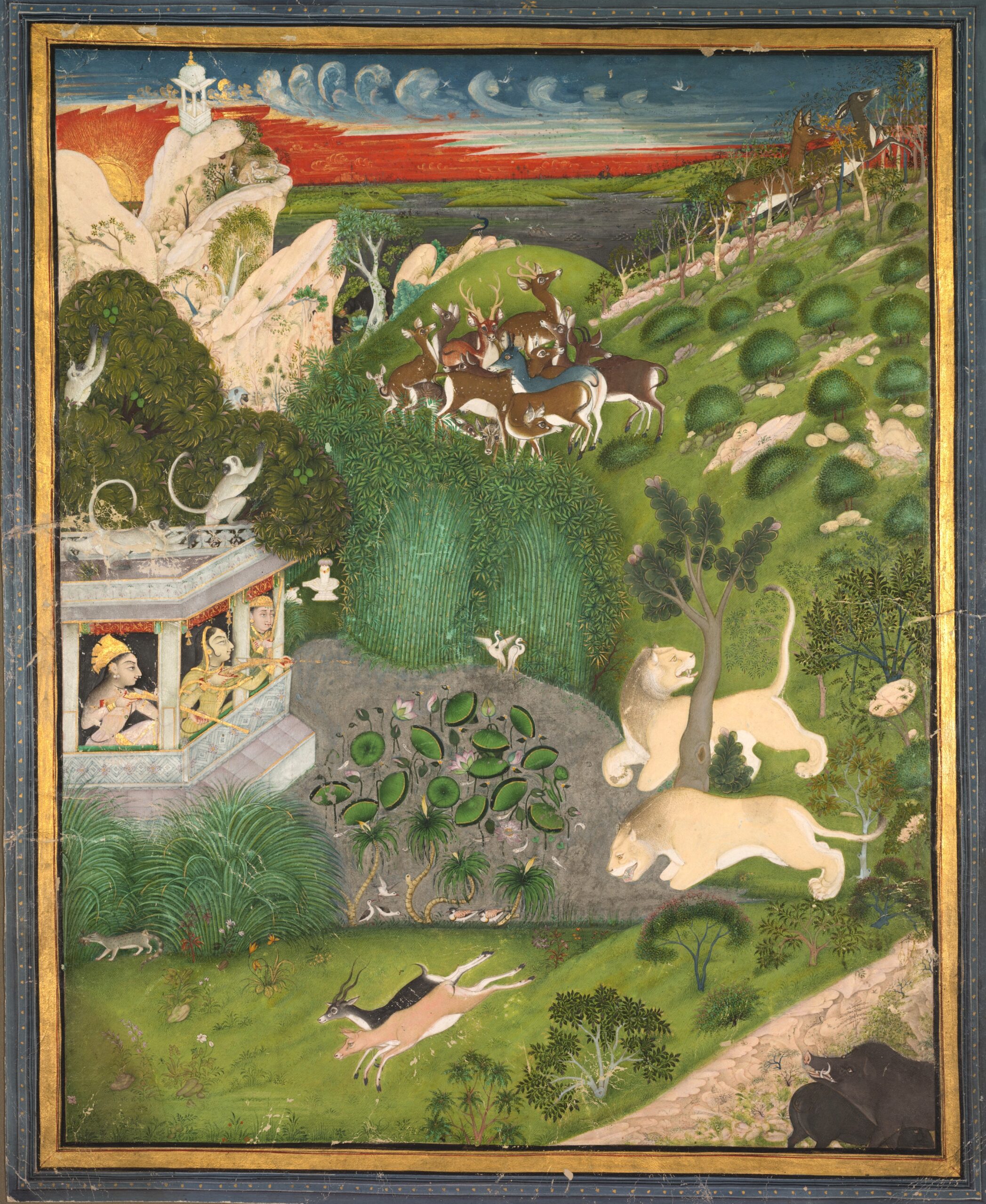 Royal women shooting from a pavilion, rajput, c. 1810