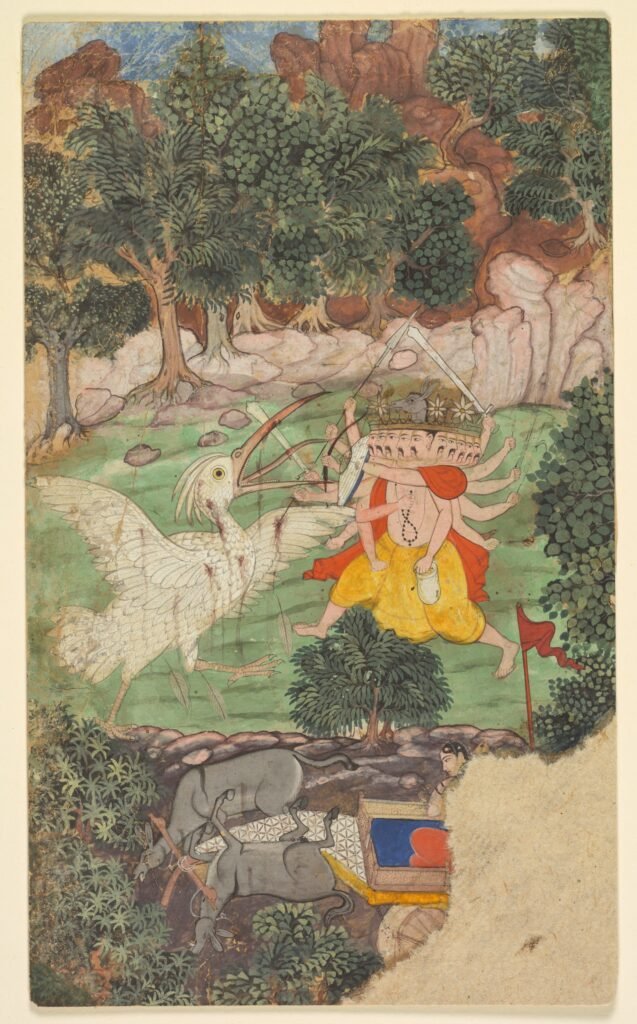 Battle of Ravana and Jatayu, from Chapters 50 and 51 of the Aranya Kanda (Book of the Forest) of Valmiki’s Ramayana (Rama’s Journey); folio from the “Burnt” Ramayana