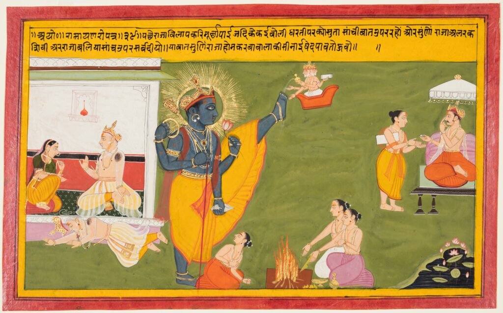 Queen Kaikeyi reminds King Dasharatha about the sacrifices of King Bali and King Shivi, folio 39 from the Ayodhya Kanda (Book of Ayodhya) of a Ramayana (Rama’s Journey)