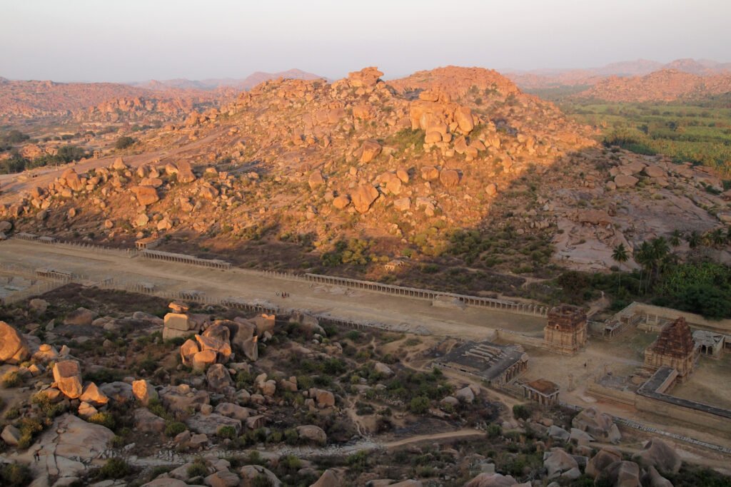 Hampi, India, Panoramic view of Achyutaraya Temple and Achyutaraya Bazaar at sunset